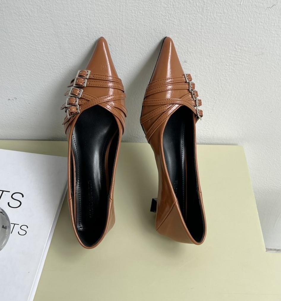 

2026 Fashion Designer Pointed Toe Pumps Women Shoes Brand Belt Buckle Shallow Slip On Elegant Stiletto Sandals For Party Dress 41 коричневий