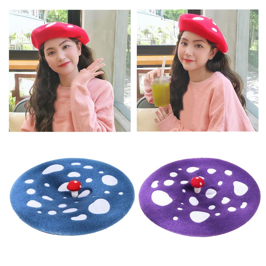 Embroidery Mushroom Beret Hat for Women Breathable Soft Wool Dome Hat Cool Joke Girl Painter Hat Winter Warm Headwear