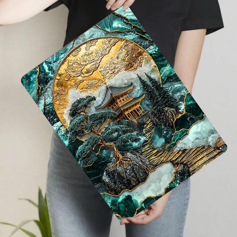 

Oriental Zen Golden Pavilion Landscape Metal Wall Art Chinese Style Home Decor for Living Room 20x30cm（7.8x11.8inch）