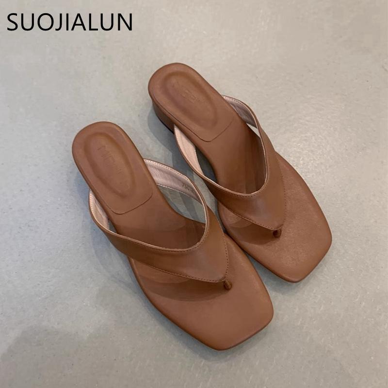 Fashion SUOJIALUN 2025 Summer New Brand Women Slipper Fashion Square Low Heel Ladies Casual Sandal Shoes Outdoor Dress Slip On Flip Flop