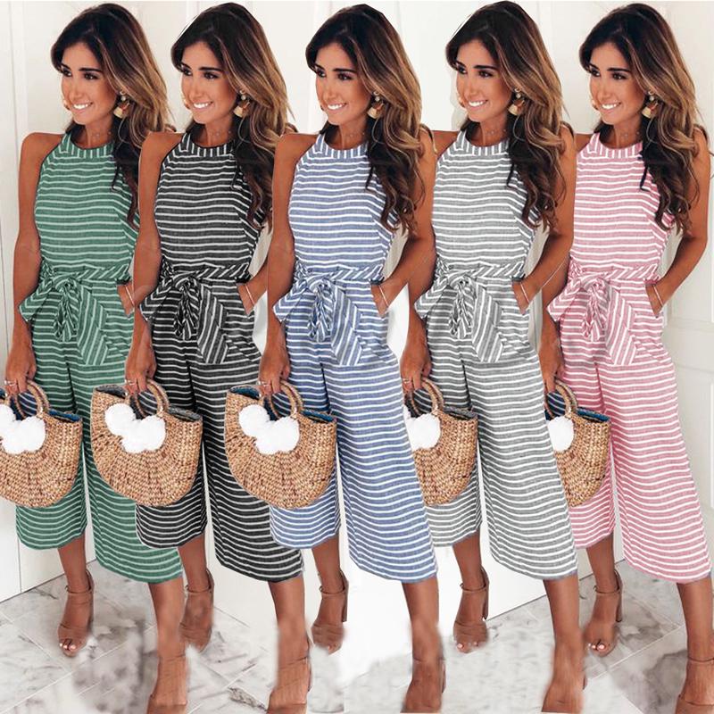 Summer Striped Womens Wide Leg Holiday Jumpsuits Playsuits Culotte Elegant