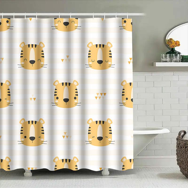 Modern Cartoon Tiger Bath Shower Curtain Kids Bathroom Decor Waterproof Printed Fabric For Home Decoration White Yellow Stripe