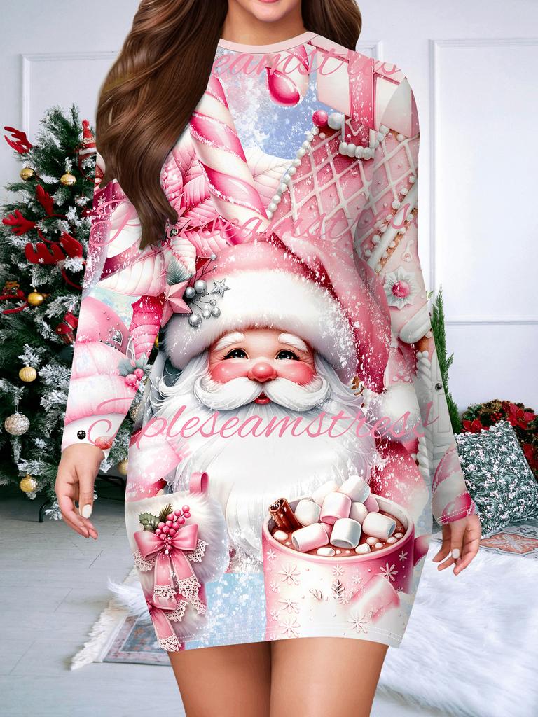 2025 Autumn and Winter New Women's Hip-wrapped Dress,3D Christmas Printing and Dyeing Women's Fashion Long-sleeved Round Neck Sexy Hip-wrapped Dress