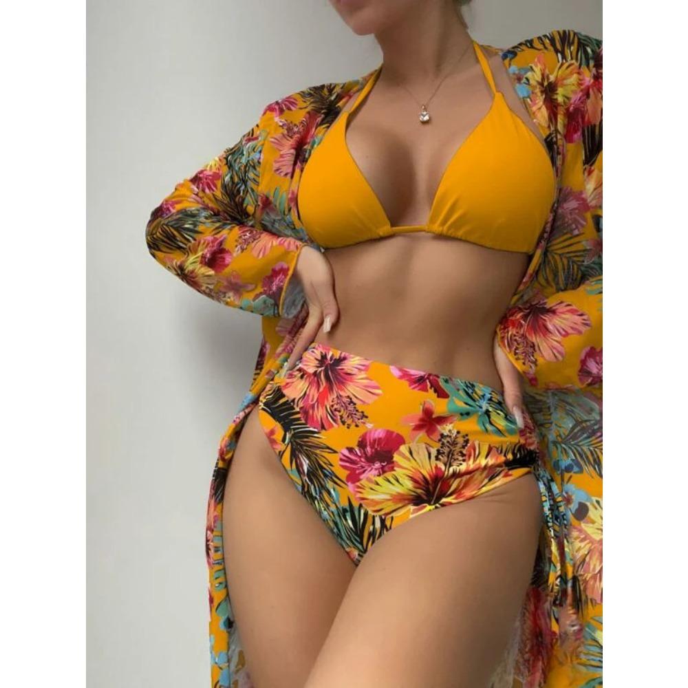 European and American Sexy Bikini Three-Piece Printed Mesh Blouse Swimsuit