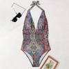 Women Swimsuit Deep V Neck Tummy Control Backless Bathing Suit Ruched Front Printed Swimwear