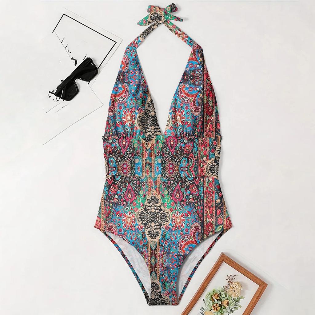 Women Swimsuit Deep V Neck Tummy Control Backless Bathing Suit Ruched Front Printed Swimwear