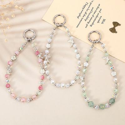 Butterfly Double Layer Chain Phone Lanyard  Beaded Phone Pendant Wrist Strap Keychain Backpack Decoration Accessories