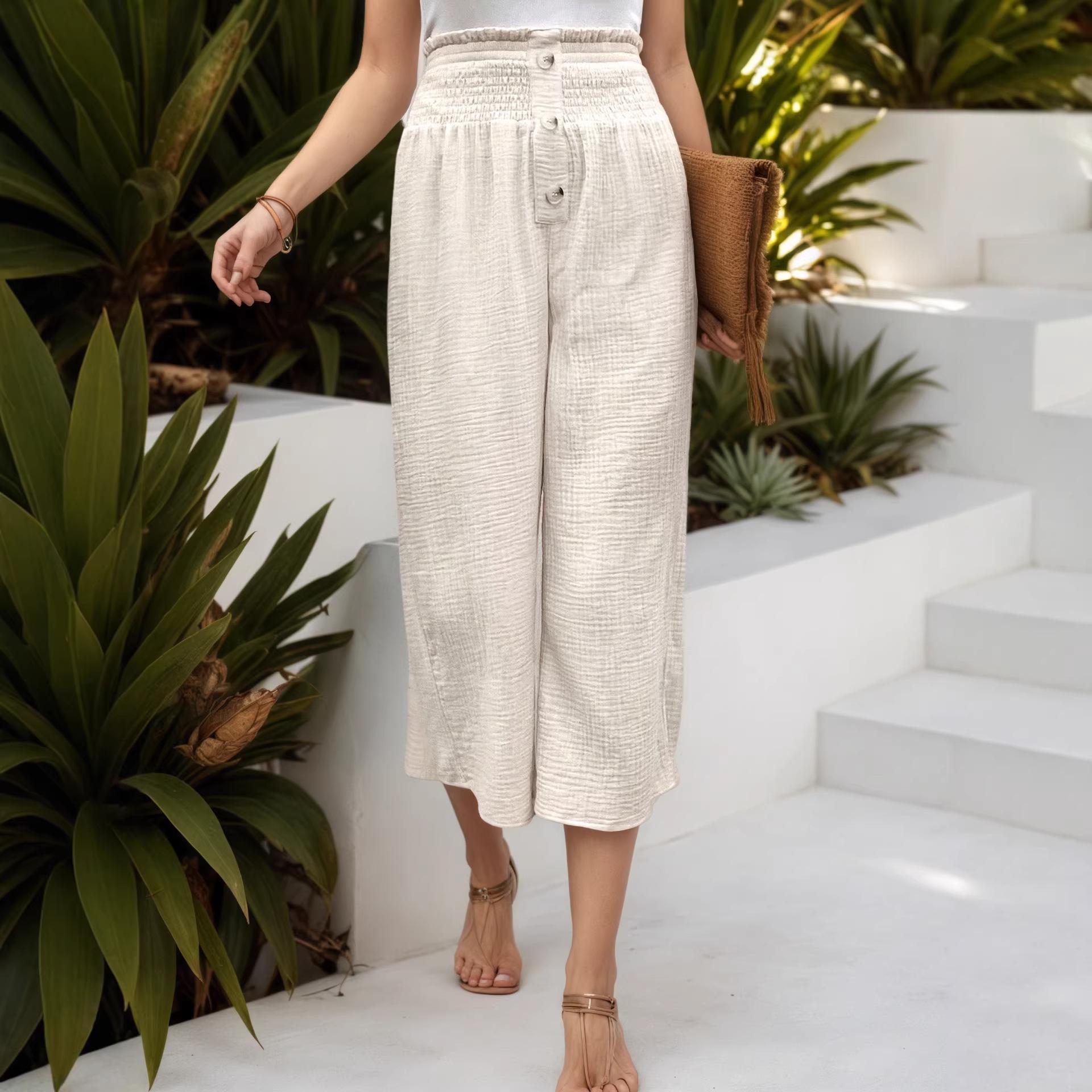 Spring/Summer New Women s Smocking High-Waisted Cotton-Linen Loose Wide-Leg Pants US/EU Size S