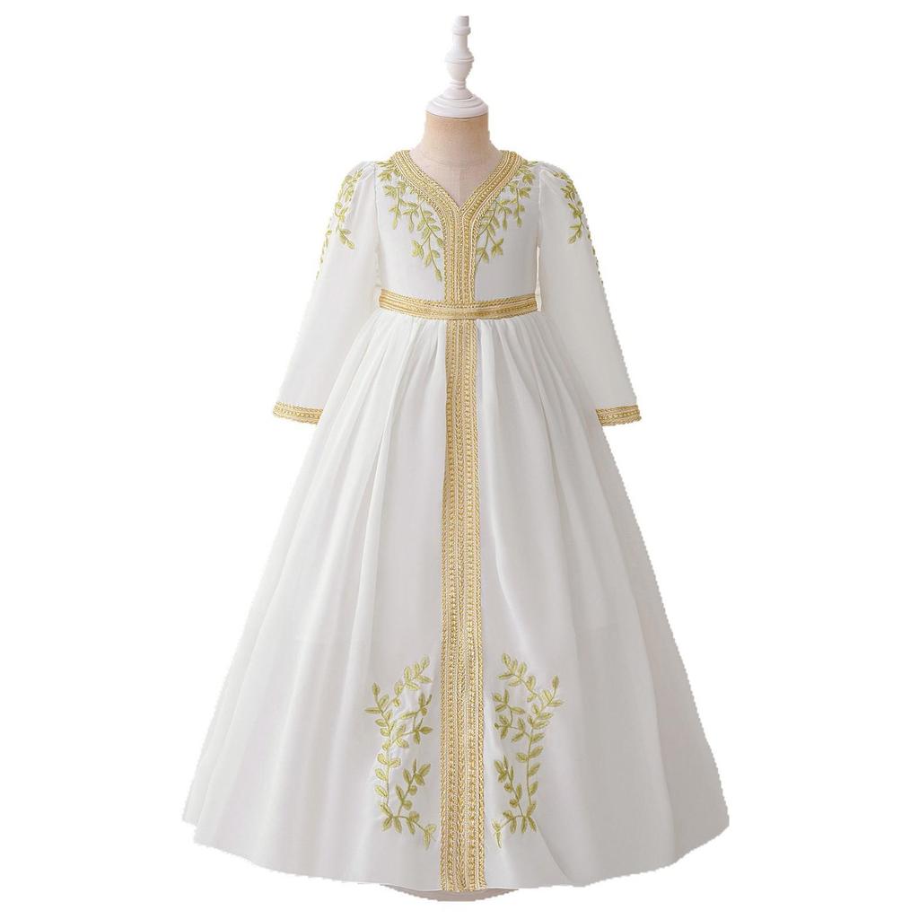 Rochie de seară din șifon brodat cu mâneci lungi pentru fete, cu fustă cu panglică