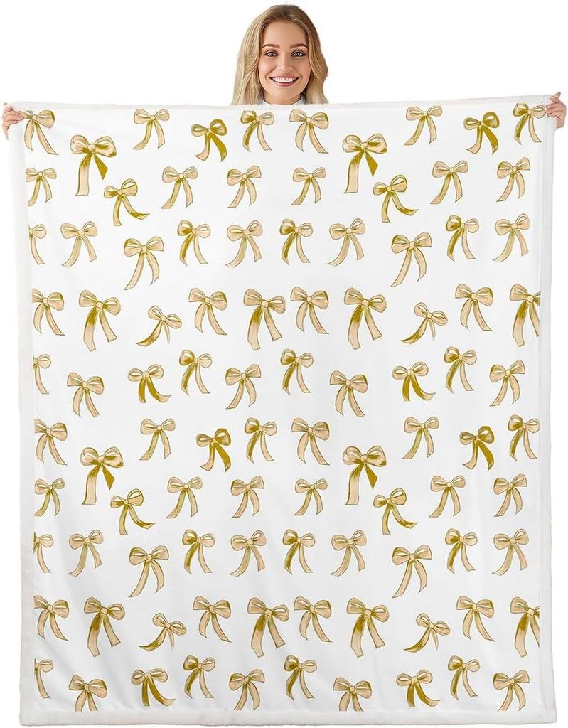 Blue Bow Pattern Blanket Soft Fleece Throw Elegant Home Decor Gift for Women Girls Bedroom Bedding Cover