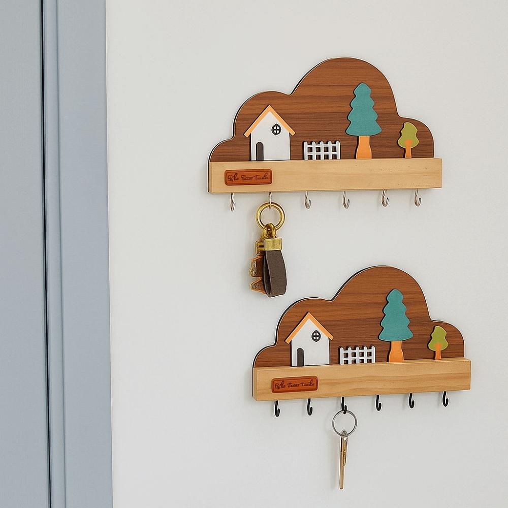 No-Drill Key Storage Holder Cloud House Forest Coat Rack  Housewarming Gift