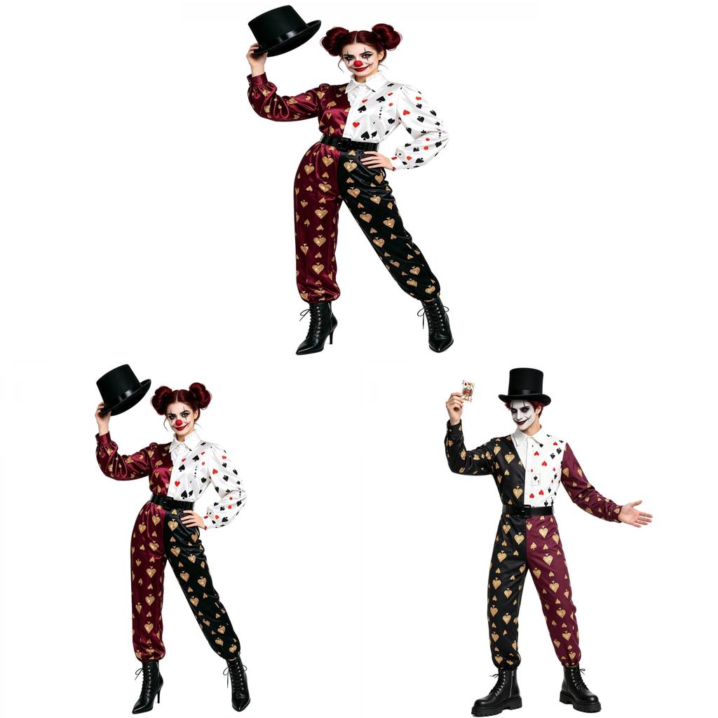Halloweenový temný cirkusový klaunský overal s potiskem pokerových karet pro cosplay a kostýmovou párty