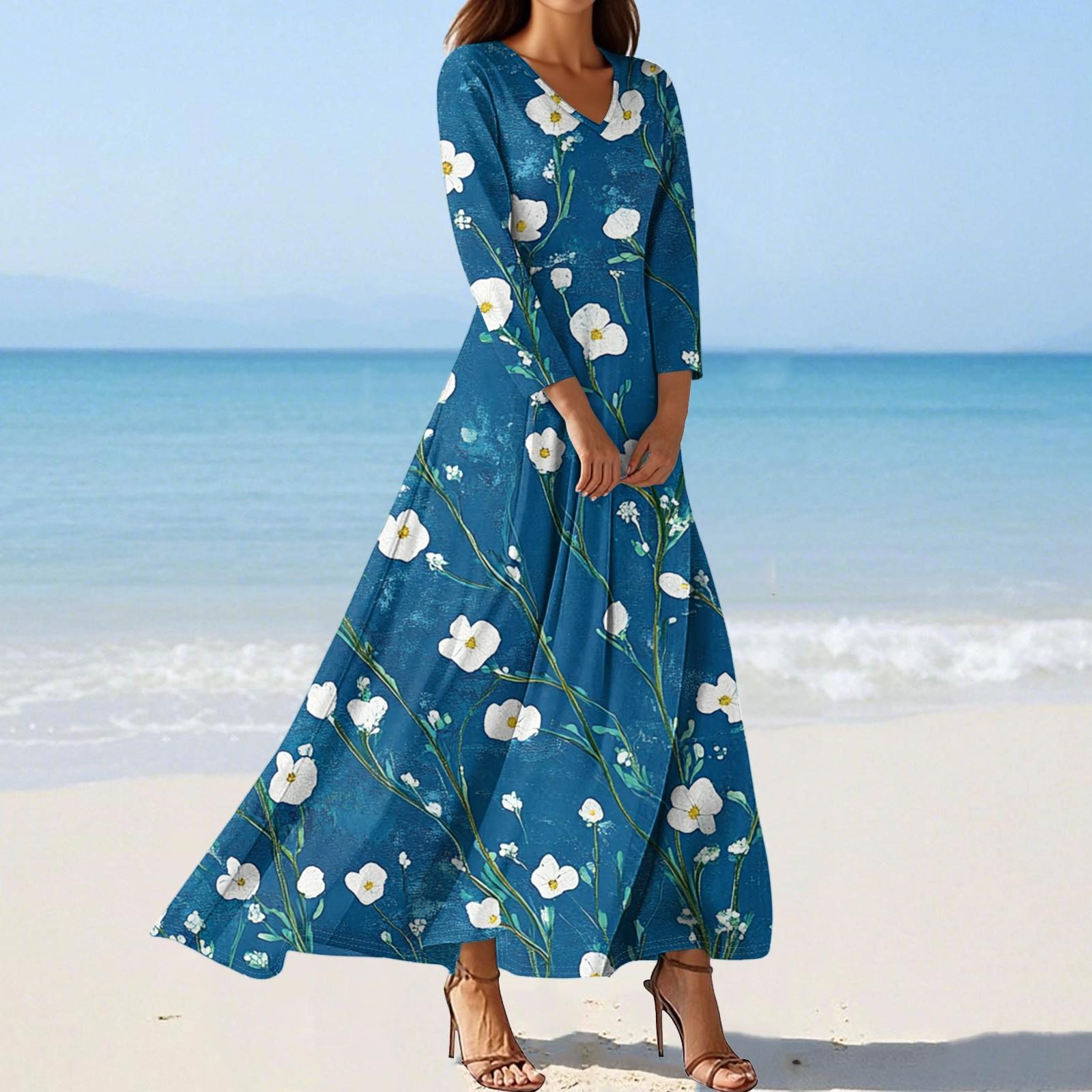 Women s Fashion V-Neck Floating Beach Dresses Seven Sleeve Floral Printed Dresses L
