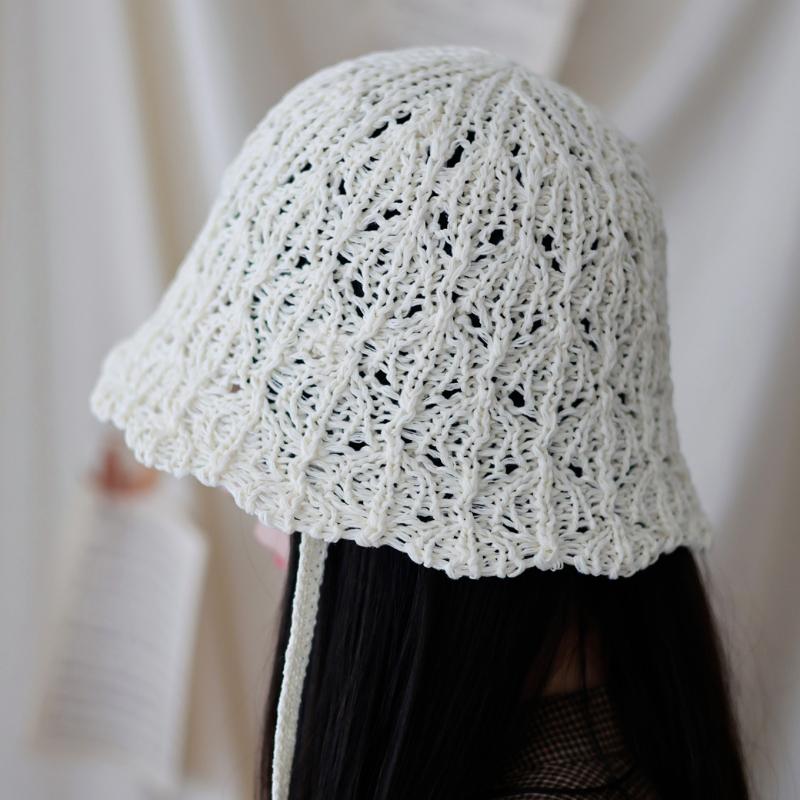 Japanese Hollow Knitted Lace Up Hat for Women's Spring and Summer Sun Shading and Sun Protection Hat Breathable Face Enhancing Small Bucket Hat