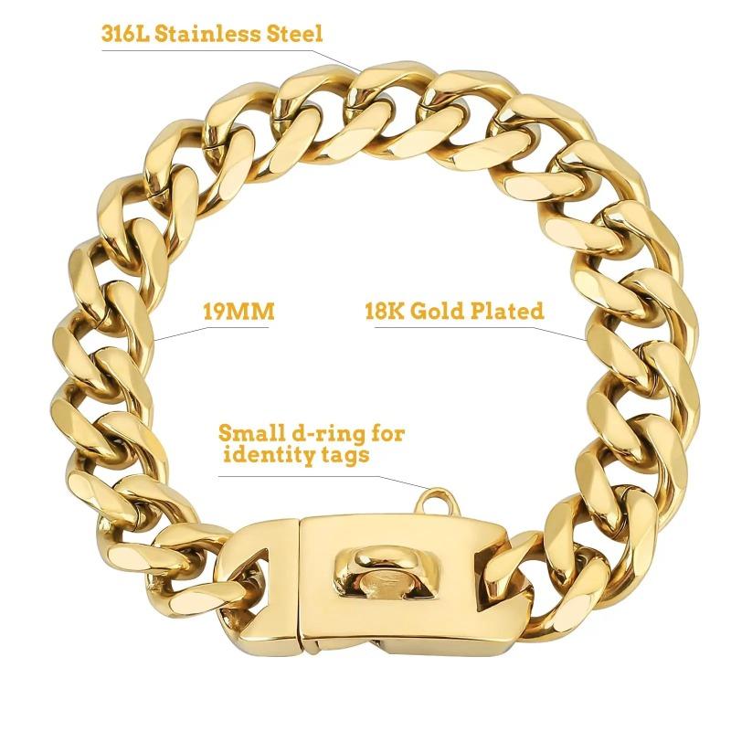 Titanium Steel Dog Chain Collar Harnesses 15mm Stainless Steel Gold Collar 19mm Silver for Small Dogs Pet Products Supplies