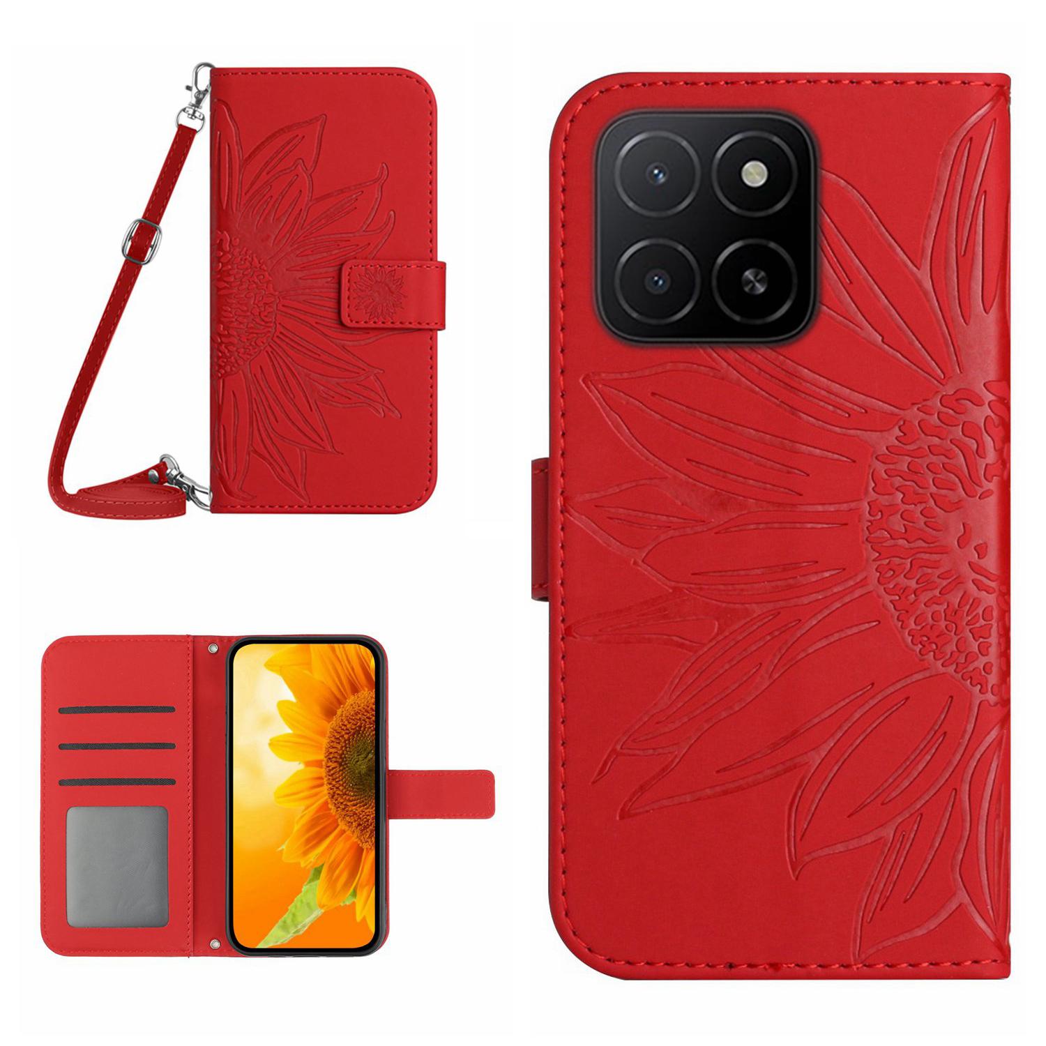 

For Honor X8c 4G Case Sunflower Imprint PU Leather Phone Cover with Long Strap Red