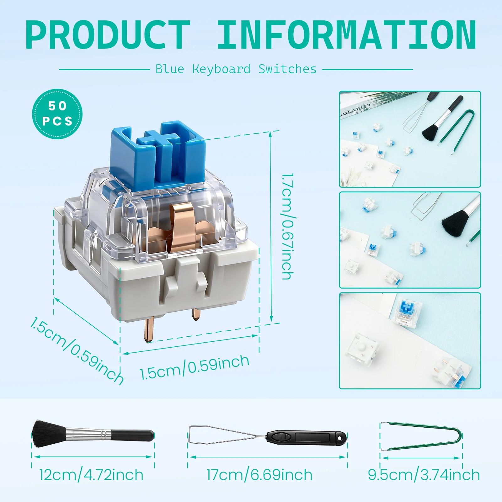 

50pcs Clicky Mechanical Keyboard Switches 3-Pin Mount with Brush Keycap Puller and Key Puller Key Switch Keycap Replacement