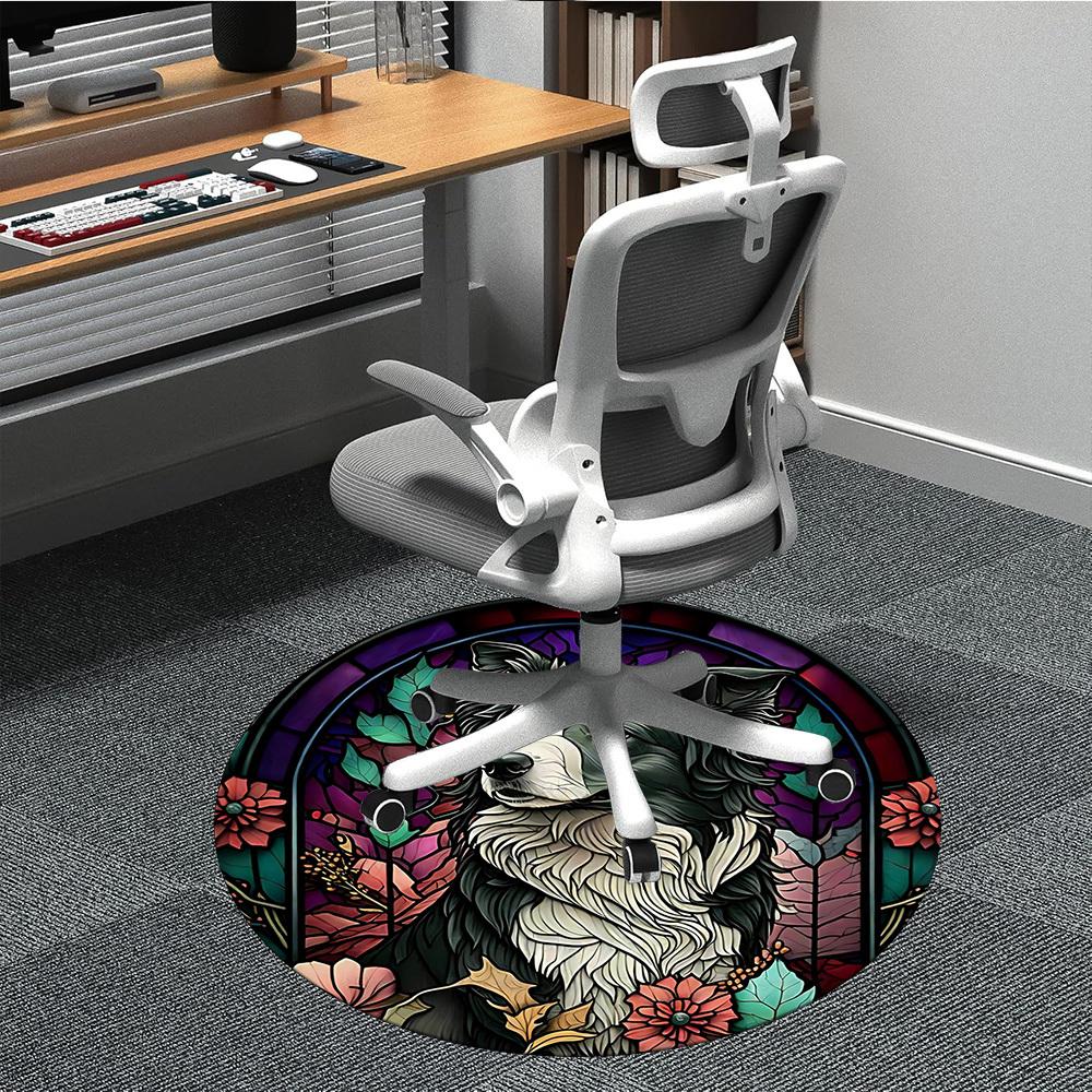 

1PC Stained Glass Dog Office Round Area Rug, Indoor Mat Suitable ForOffice, Under Office Chairs Bedroom Living Room Home Decor, Room Deco, D120 80cm by 80cm