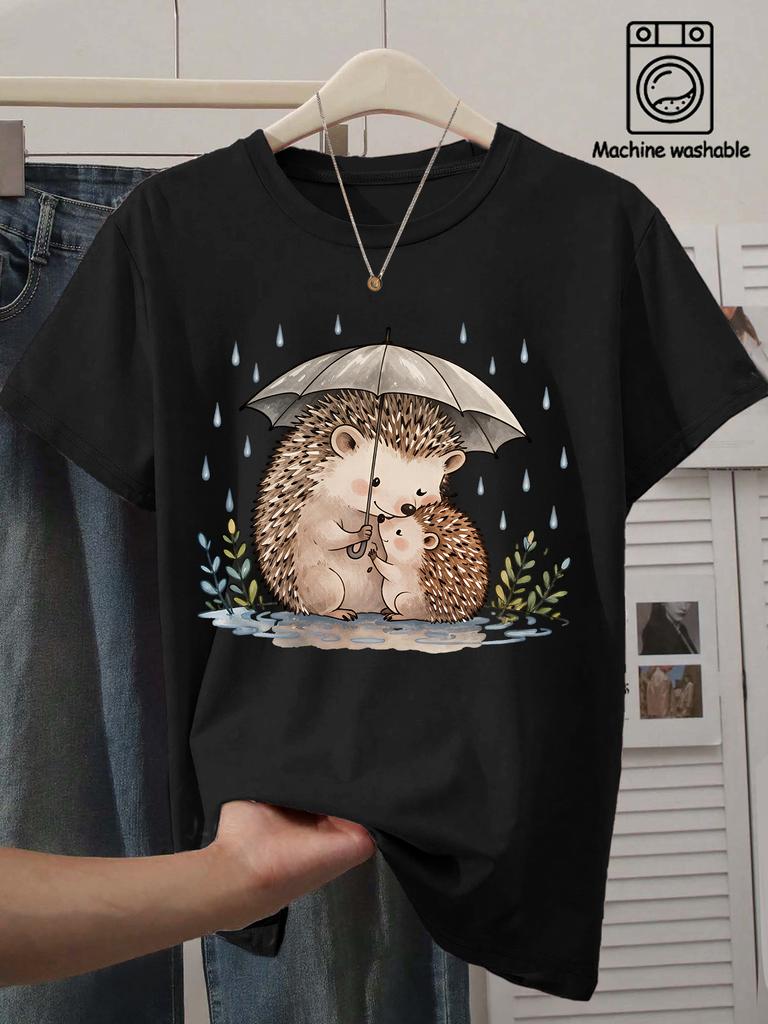 Hold An Umbrella and Snuggle Up with Small Hedgehogs Gentle Watercolor Small Animal Print Round Neck Women's T-shirt