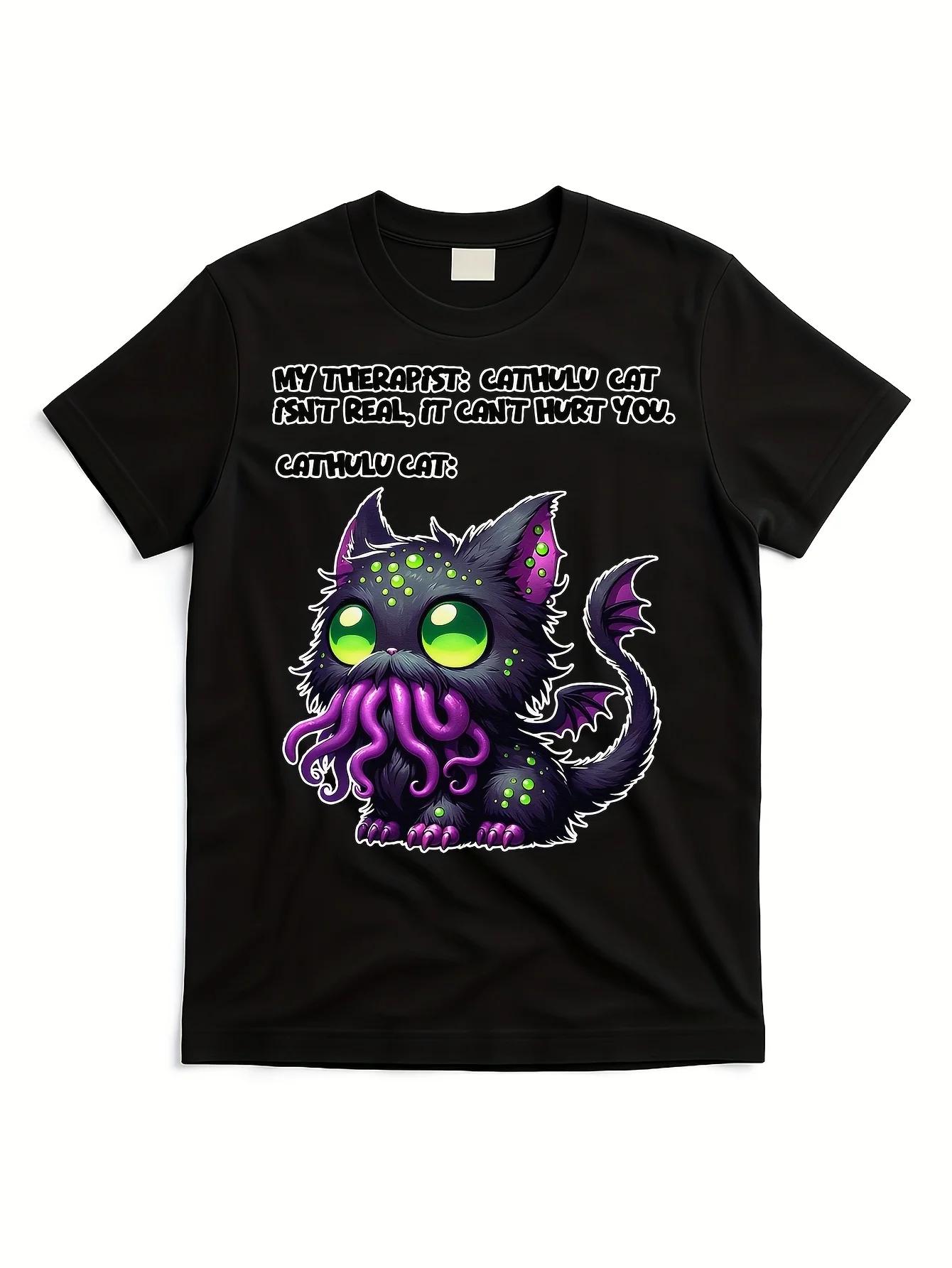 Cat Graphic Tee Soft Cotton Unisex Black TShirt Funny S
