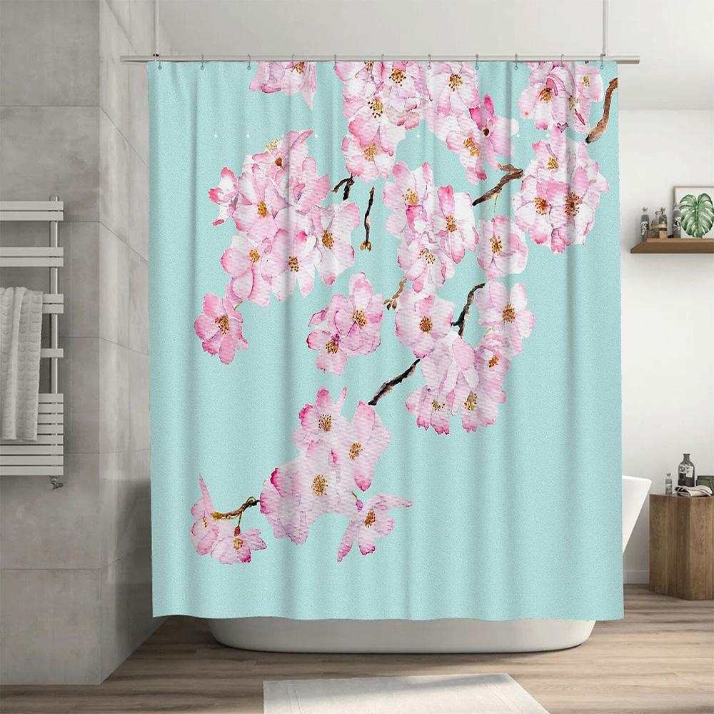 Floral Shower Curtain Japanese Cherry Blossom Pattern Waterproof Bathroom Decor Japanese Style Fabric Backdrop Vintage Aesthetic