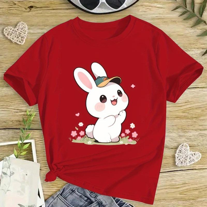 Kids Cute Cartoon Bunny Graphic Crewneck Short Sleeve T-Shirt
