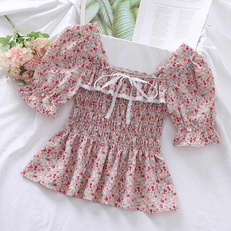 Broken Flower Sweet Puff Sleeve Women Blouse Slim Elastic Waist Square Neck Short Sleeve Top Lace Bow Decoration Fairy Casual