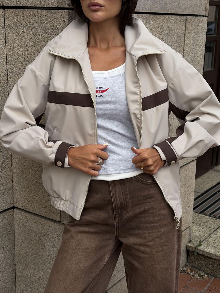 Women's Color Block Jacket Casual Stand Collar Zip Up Long Sleeve Crop Top Outerwear