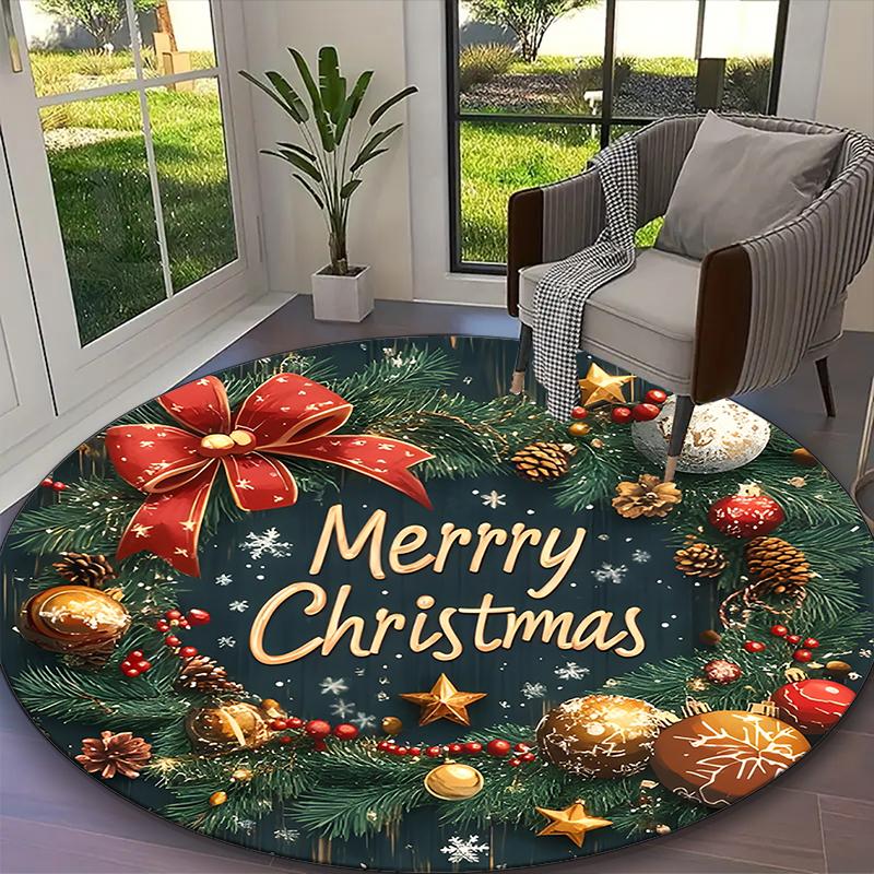 1pc General-purpose Rug, Christmas Elements Merry Christmas Printed Round Rug, Comfortable Office Chair Carpet, Home Entrance Floor Mat
