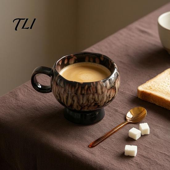 Vintage Style Afternoon Tea Mug Ceramic Coffee Mug, Reactive Glaze Latte Cup with Flow Pattern, Heat Resistant Hot Chocolate High Footed for