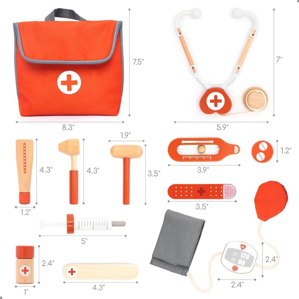 Wooden Pretend Play Red Doctor's Kit Educational Toys for Children Medical Simulation Medicine Chest Set for Kids Role Playing