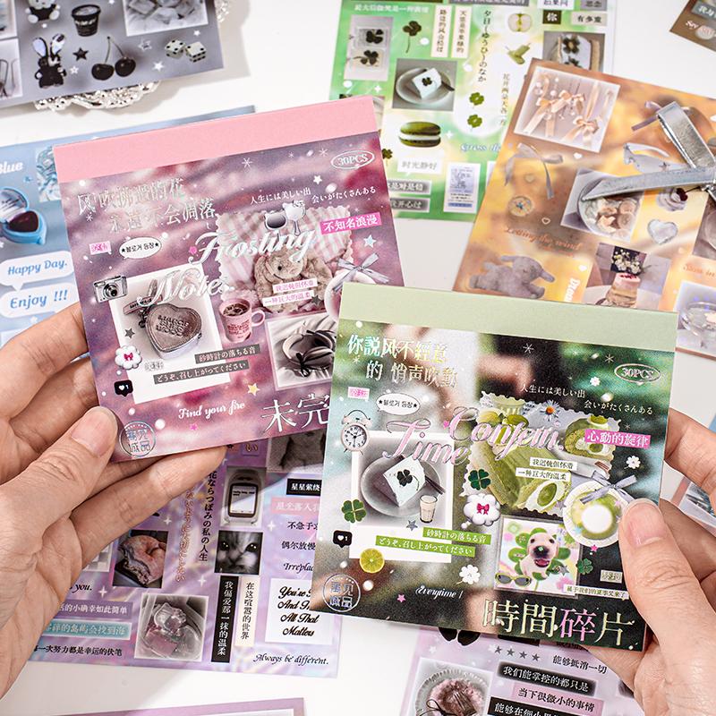 30 Sheets Cute Die-Cut Sticker Book Hand Account Decoration Scrapbooking Decals for Junk Journals DIY Crafting