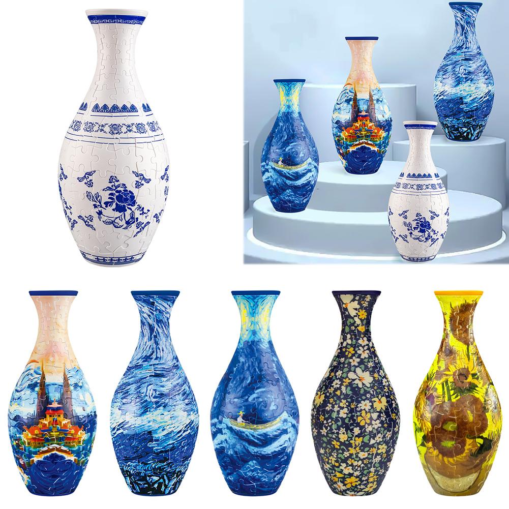 3D Puzzle Vase Blue and White Porcelain Design DIY Flower Vase Home Decoration 160 Pieces Puzzle Vases for Flower Arrangements