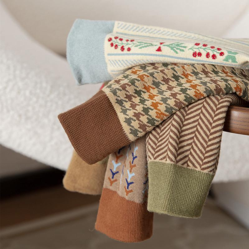 "Damen Retro Hahnentritt & Floral Mittelhohe Verdickte Baumwollsocken für Herbst/Winter"