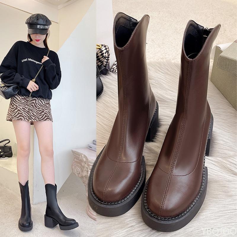 Coarse heeled thick soled short boots for women winter new versatile zipper retro simple comfortable boots for women