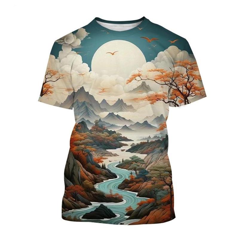 Landscape 3D Printed T-shirt Scenery Painting Art T Shirt For Men Fashion Round Neck Short-sleeved Casual Summer Tees Tops