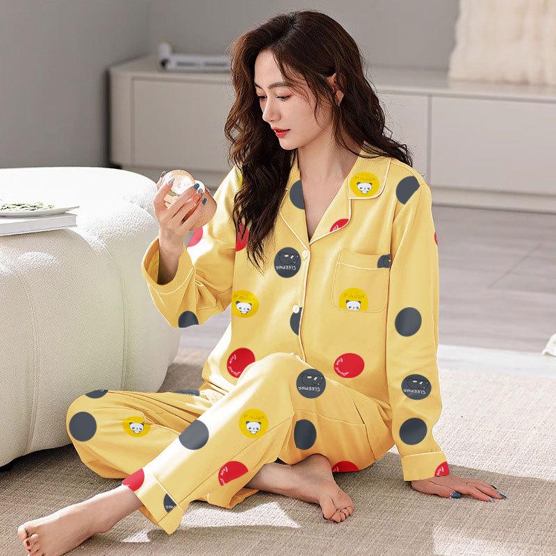 Spring And Autumn Pajamas Women'S Cardigan Long-Sleeved Trousers Korean Girls' Simple Cartoon Loungewear Suit Can Be Worn Outside