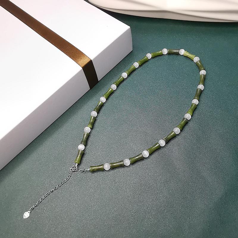 S925 Silver Bamboo-Style Necklace with Natural Olive Jade & Cat's Eye Beads: New Chinese Style for Men & Women