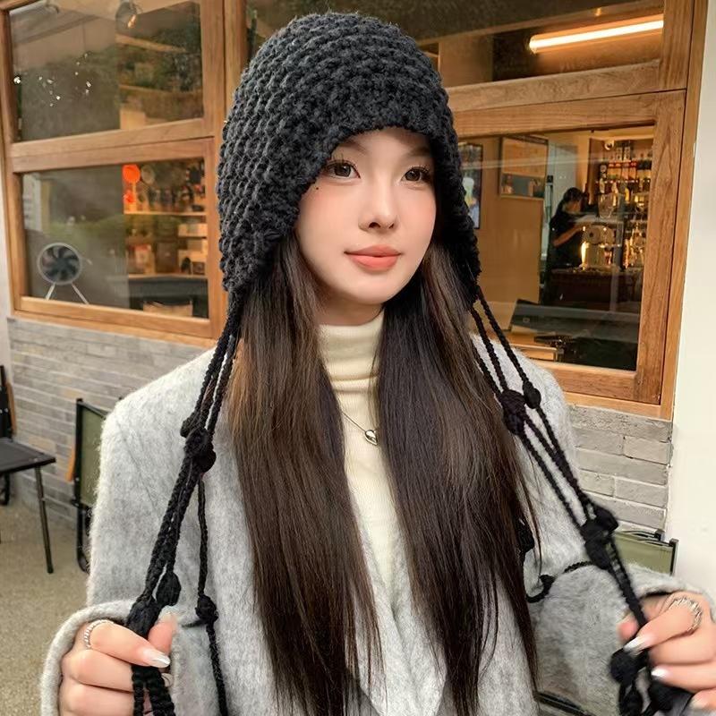 Cute Bear Plu Knitted Hat Womens Autumn Winter Large Head Circumference Face Slimming ColdProof Ear Protection Leon Fur Hat