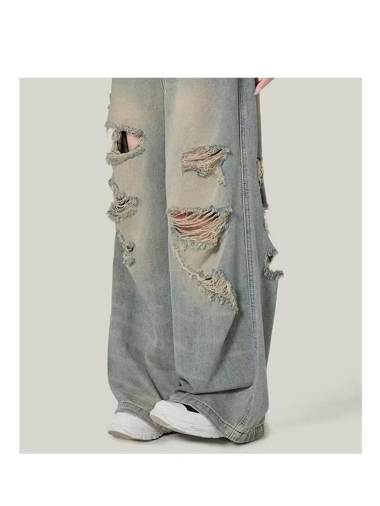 Plus Size High Waist Wide-Leg Ripped Jeans for Women - Summer 2025 New Arrivals, Slimming Drape, Floor-Length Pants for Chubby Girls