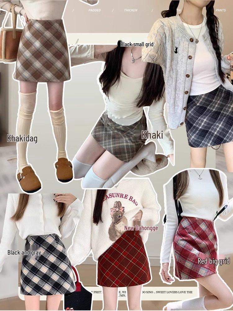 Women's A-line Plaid Retro Red Short Skirt - Autumn/Winter Petite Wool, Hip-hugging
