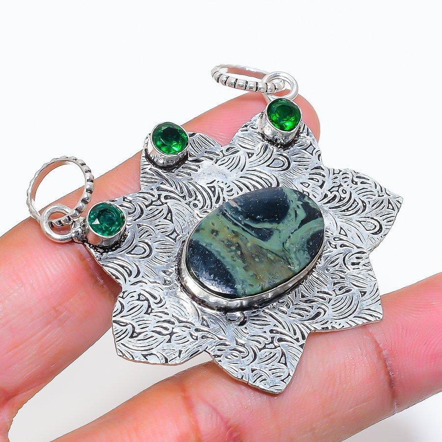Natural Kambaba Jasper, Diopside 925 Sterling Silver Jewelry Pendant 1.97" ZS-653