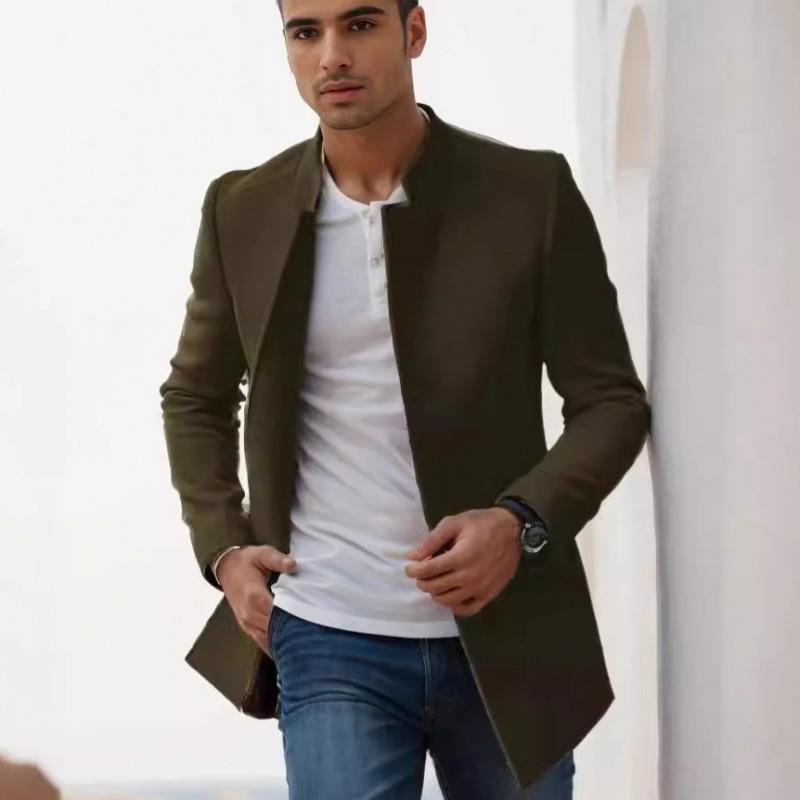 European Size Men's Spring/Fall Slim Fit Woolen Coat - Solid Color Youth Suit