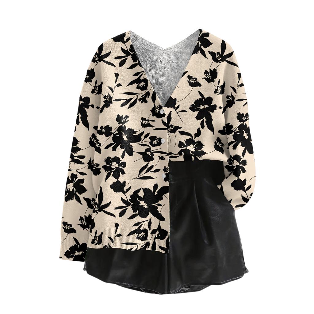 Women's V Neck Top Printing Thickened Plush Cashmere Warm Long Top