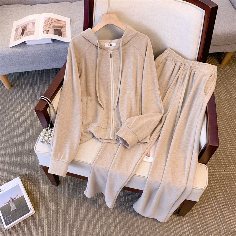 Women's Fall Sports Set: Casual Hooded Sweatshirt Jacket + Slimming Pants Solid-Color Two-Piece Set