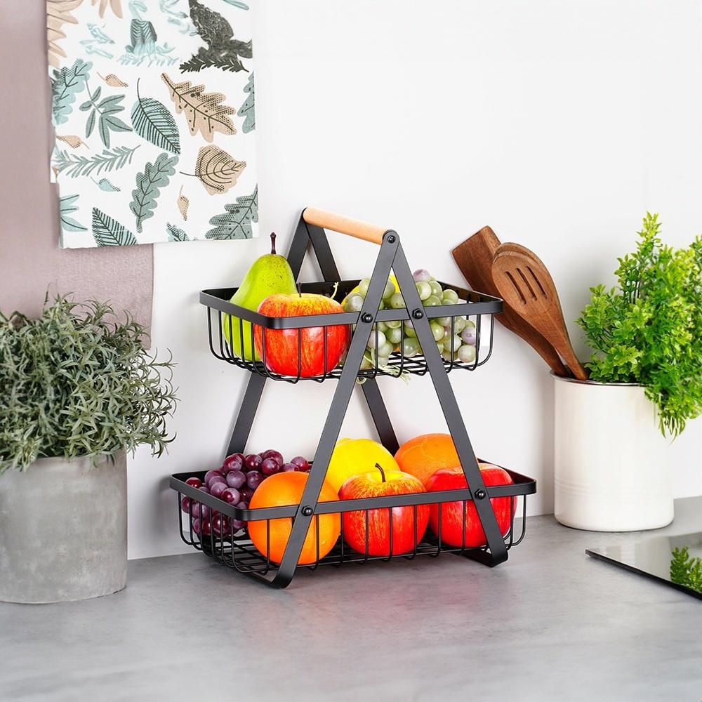 Two-tiered Basket for Fruits and Vegetables, Black Metal Platter, Basket