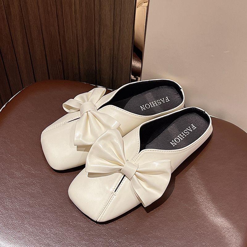 Fashion Shoes for Women Sexy with Bow Flat Woman Mules Slippers Silver Sandals Waterproof Small Size Chic and Elegant Non Slip 39 Slides