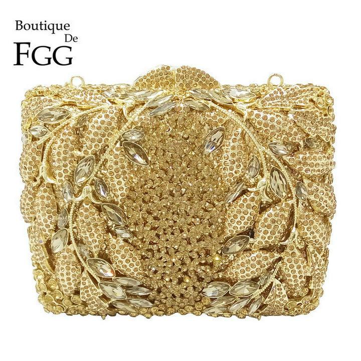 

Boutique De FGG Hollow Flower Women Gold Crystal Evening Clutch Minaudiere Bag Wedding Party Cocktail Diamond Handbag and Purse