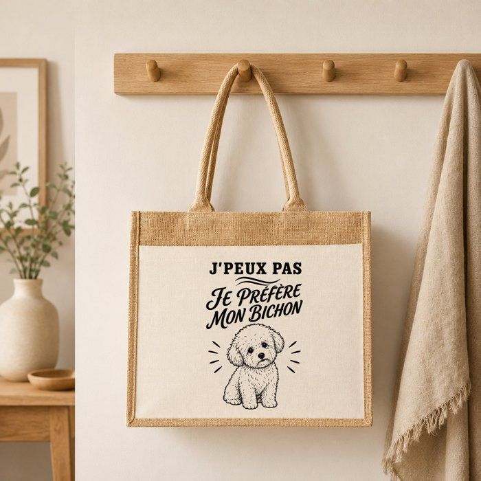 Sac cabas jute - PLANETEE - J'peux pas minimaliste - Illustration Bichon noir - Toile jute et coton - 43×33×21 cm 21 L