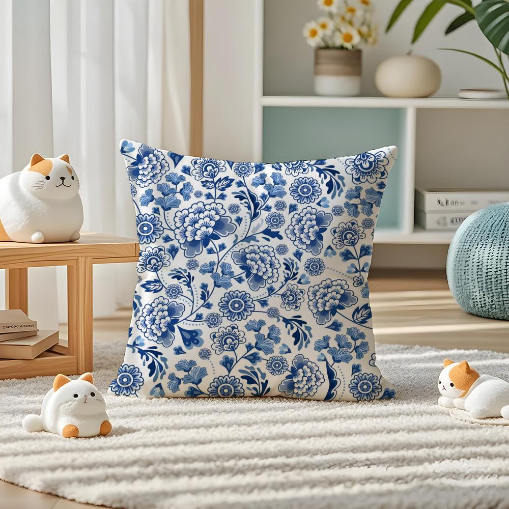 Classical Aesthetics Blue White Porcelain Pillow Case Double-Sided Plush Sofa Cushion Covers Organic Breathable Invisible Zipper